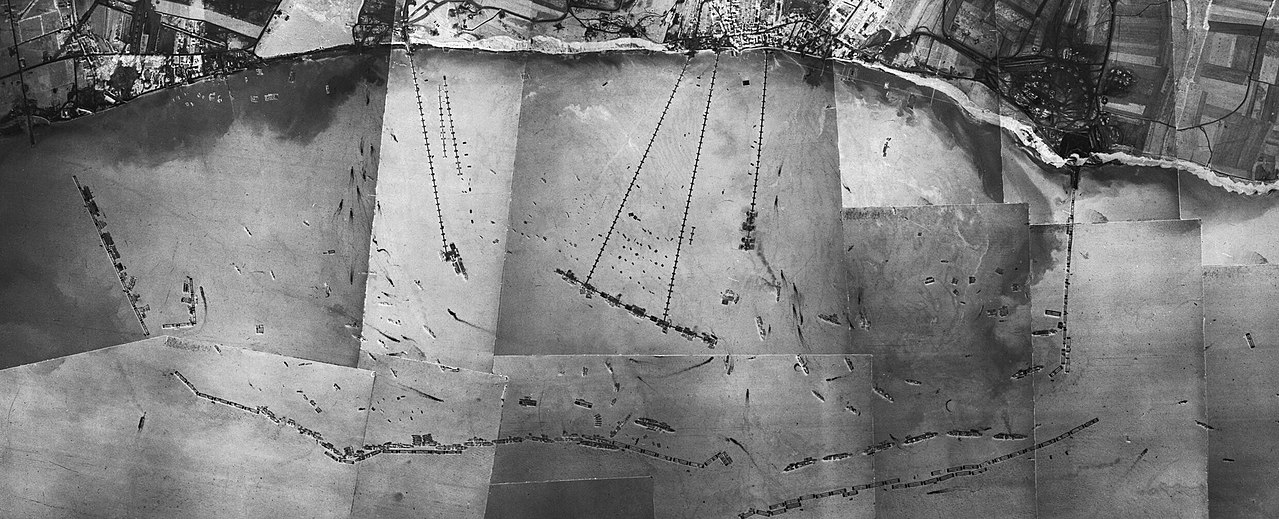 Aerial view of the Mulberry Harbour at Arromanches, June 1944