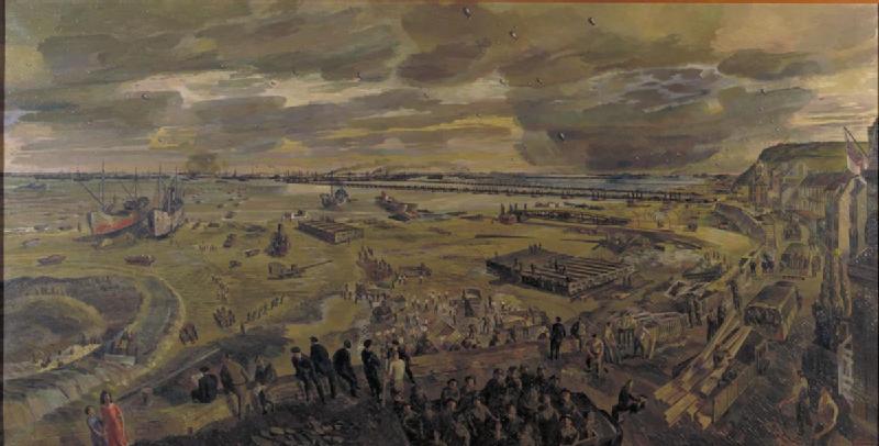 Panoramic view of Arromanches beach with Mulberry B artificial harbour, D-Day plus 20, 1944