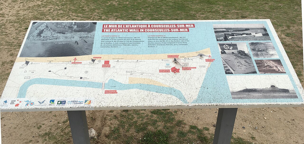 History panel and map of the Atlantic Wall in Courseulles-sur-Mer