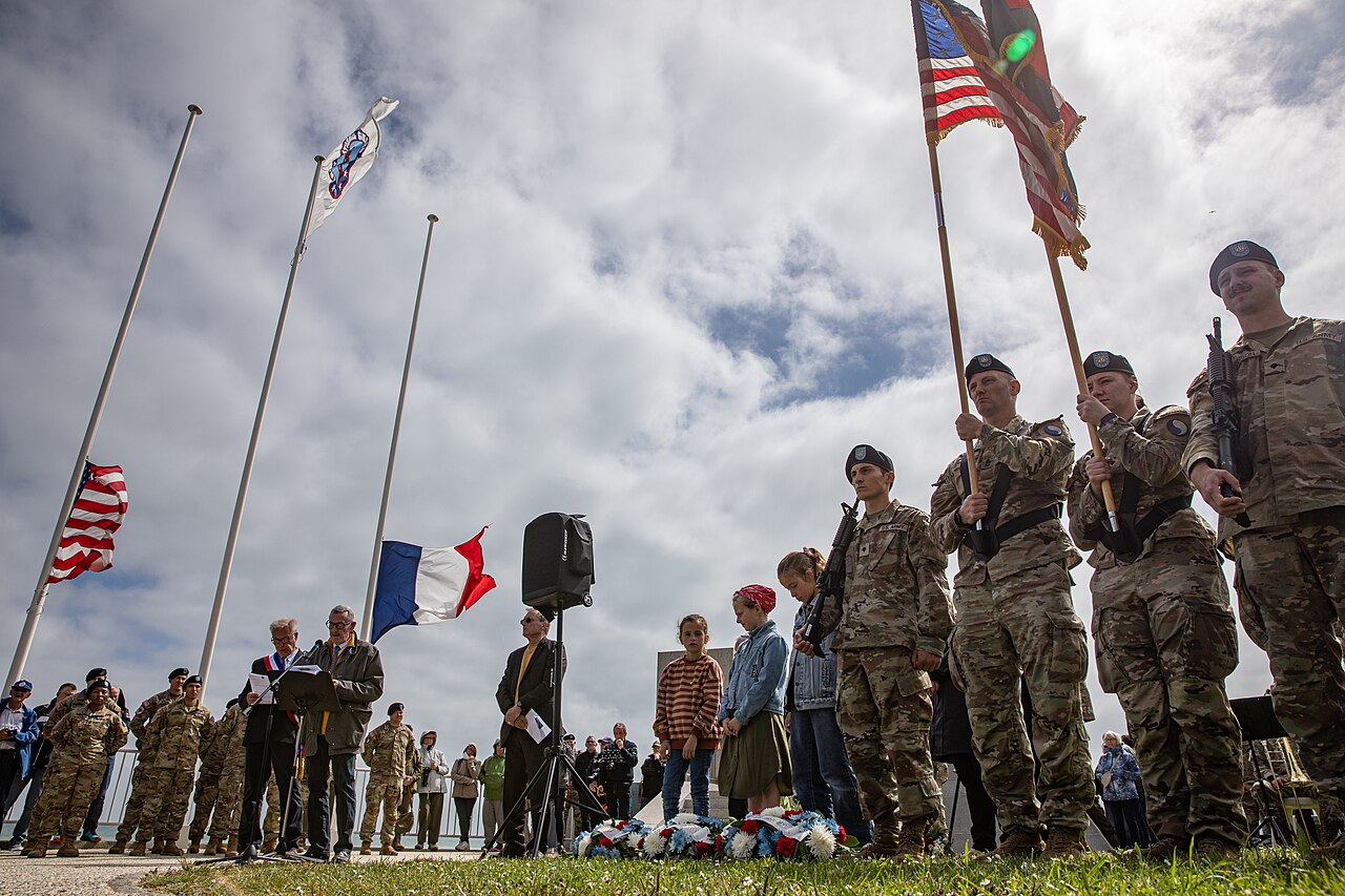 29th Infantry Division color guard at Omaha Beach ceremony, June 2024